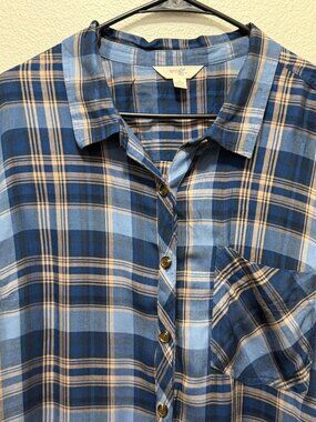 Terra & Sky blue and tan plaid shirt, button down lightweight, woman's XXL